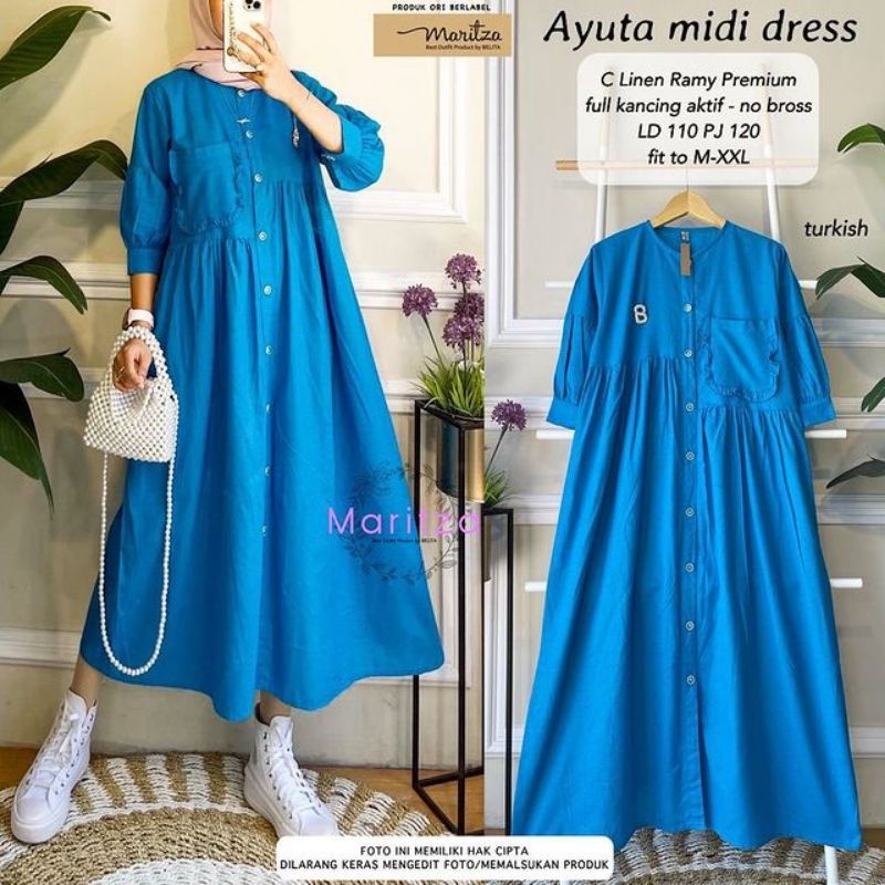 Midi Dress linen. Ayuta Midi Dress. Midi Tunik.  Baju muslim.