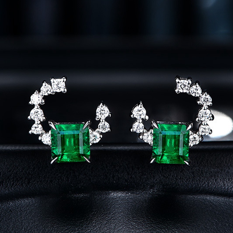 Anting Tusuk Desain Geometri Zambia Emerald Imitasi Bahan Sterling Silver 925 Untuk Wanita