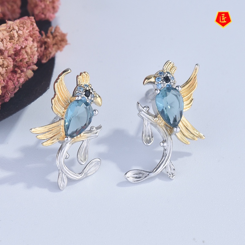 [Ready Stock]Creative Inlaid Sapphire Bird Branch Ear Studs