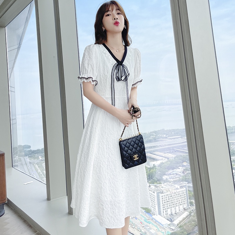 【Rozen】Korean White V-neck Midi Dress R088