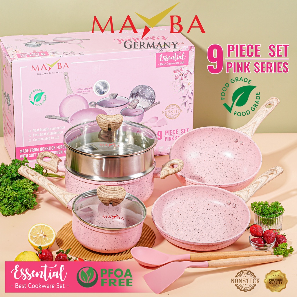 PANCI SET MAYBA GERMANY 9 PC ESSENTIAL Granite Anti lengket NEW COOKWARE SET pastel pink / beige - wajan penggorenangan wok marble