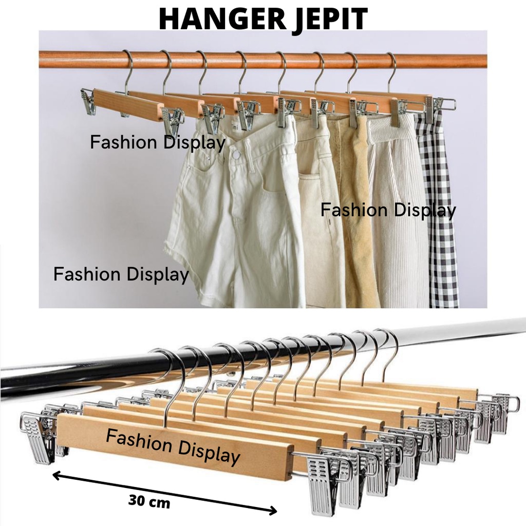 Hanger Kayu Jepit Besi Gantungan Celana Natural Distro Hanger Anak / Dewasa Gantungan Baju-BH