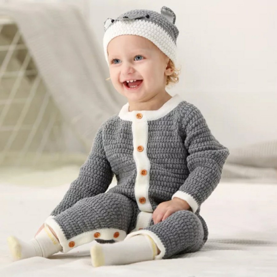 Knit baby romper with fox hat baju bayi rajut topi bayi rajut rubah