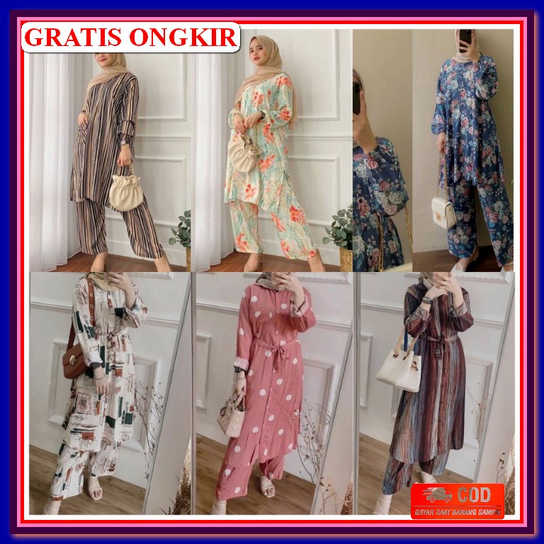 Baju Muslim Wanita Tunik Wanita Terbaru 2022  Tunik Evelyn Wanita Cantik Tripy One Set Premium Setel
