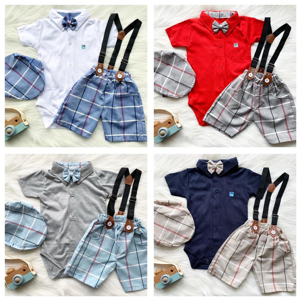 Setelan jumper celana suspender topi dasi motif bintik fashion anak bayi cowok laki baby boy -baw-GREY, BIGSQUARE