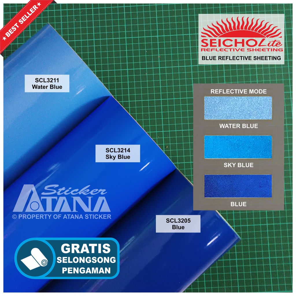 Bahan Stiker Cutting Biru Skotlet Reflektif Fosfor Blue Seicholite Reflective Sheeting Nyala Printing Sticker Material Scotchlite Scolite Scotlet Sechotlite Memantulkan Cahaya Flash Malam Hari Mata Kucing Mesin Plotter