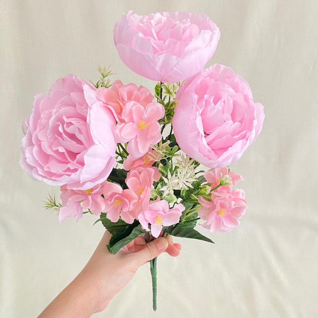Bunga Peony Ball mix Cherry Blossom X7 (satuan) Bunga Artificial / Bunga Plastik / Bunga Dekorasi-Pink Muda