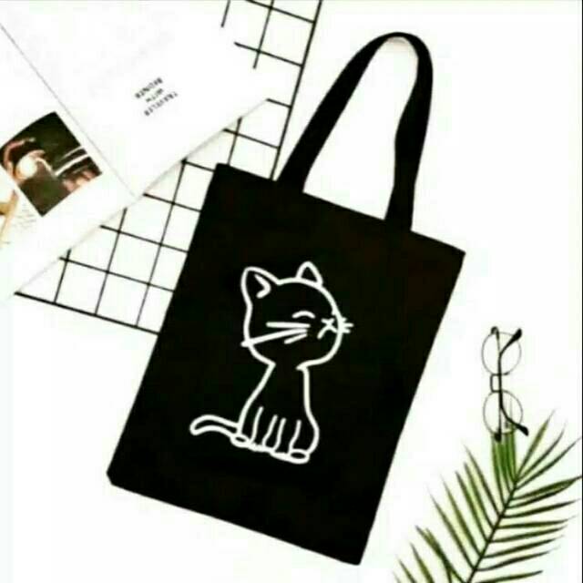 Rly68_Tas Tote Bag cat hitam Tote Bag Kanvas