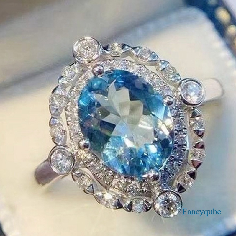 Cincin Bentuk Oval Bahan Cubic Zirconia Warna Biru Untuk Wanita