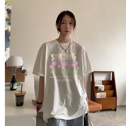 100% Katun Graphic Tee Baju Wanita Flower Atasan Wanita Oversize Kaos Putih T-shirt Couple Korean Style