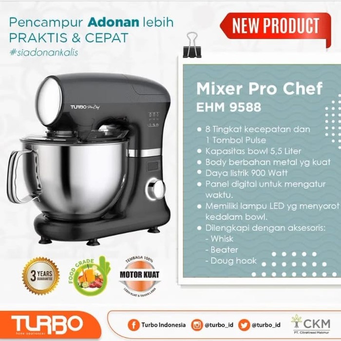 Mixer Turbo Pro Chef EHM 9588 EHM9588 Stand Mixer Stainless Bowl Black 5.5L 900W