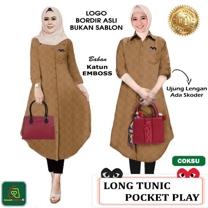 Baju Atasan Tunik LONG TUNIC PLAY POCKET JUMBO Wanita Muslim Bahan Katun Emboss Premium Size XL-XXL / 17656 17659