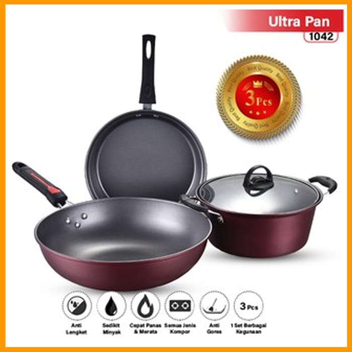 Panci Wajan Teflon WHO Set isi 3 pcs - Arria Panci Teflon Penggorengan Set