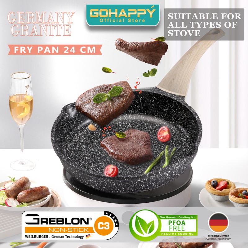 GERMANY GRANITE Gohappy Fry Pan 24cm GH-G85 asli German Greblon C3 Wajan Penggorengan granit