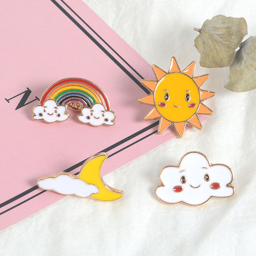 Bros Pin Enamel Desain Kartun Matahari Bulan Awan Pelangi Untuk Kerah Tas