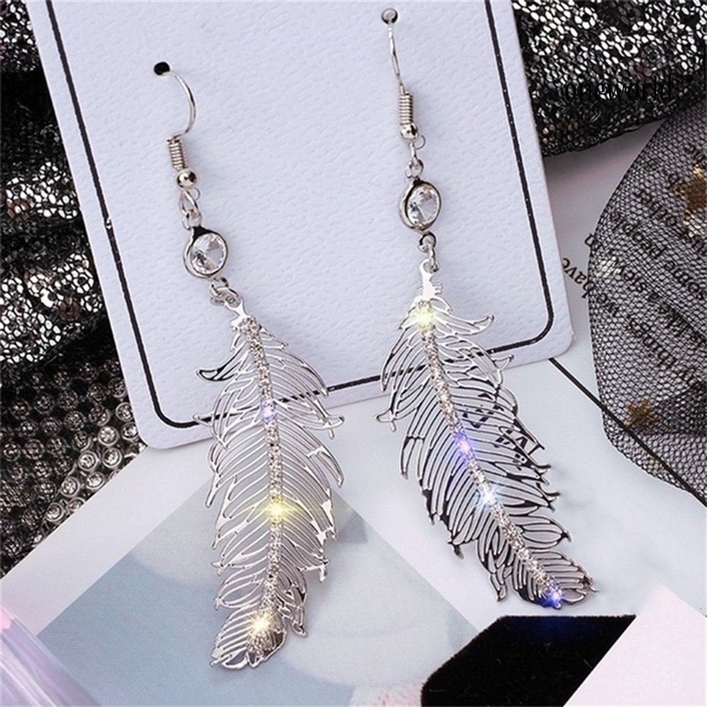 OW@ Hollow Long Feather Drop Rhinestone Metal-encrusted Hook Earrings Women Jewelry