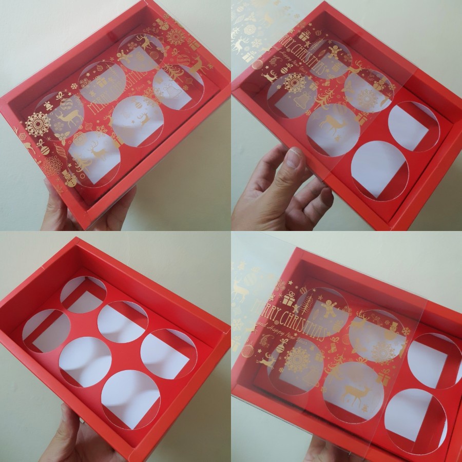 

box dus mika cupcake warna merah kotak kemasan hampers packaging natal sekat 6 edisi christmas dengan kartu ucapan