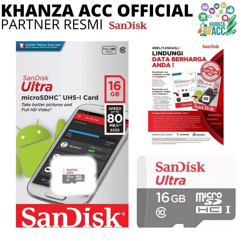 KHANZAACC Kartu Memori Hp Micro SD SANDISK ULTRA 16GB CLASS 10 Speed Up to 80MB/S Original Bergaransi Resmi