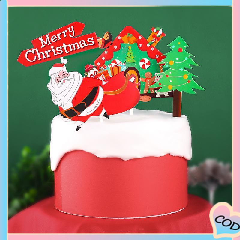 COD❤️ Kartu dekorasi kue Natal Santa Claus manusia salju plug-in dekorasi kue dekorasi kartu bendera-A.one