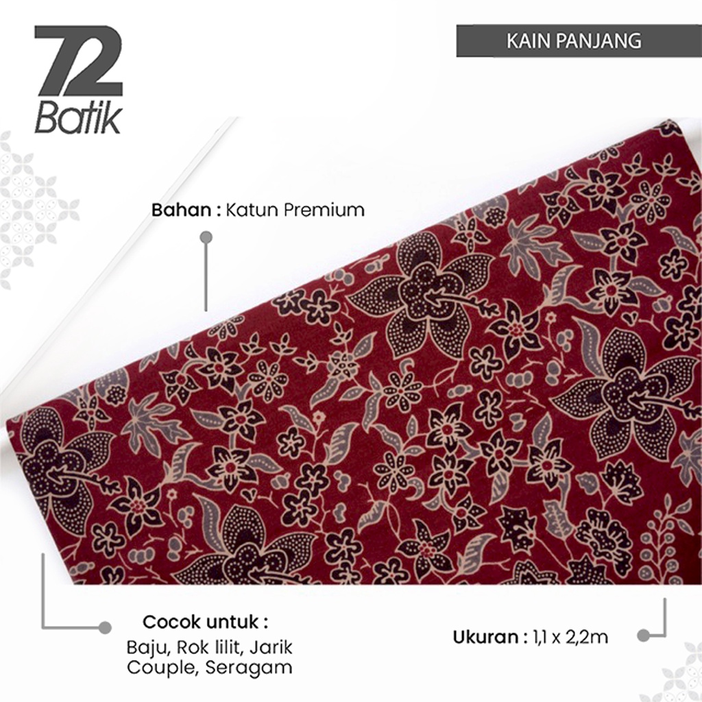 KAIN BATIK PREMIUM Bahan Katun Motif Kembang Warna Merah Maroon Maron Marun 727227 CAP 72 - Jarik Jarit Samping Kebat Panjang Batik Katun Modern Premium Bahan Seragam Batik Pernikahan Kantor Keluarga Murah Kamen Jadi Batik Bali Lembaran