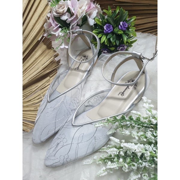 flatshoes silver juhana tali jaring tinggi 1cm