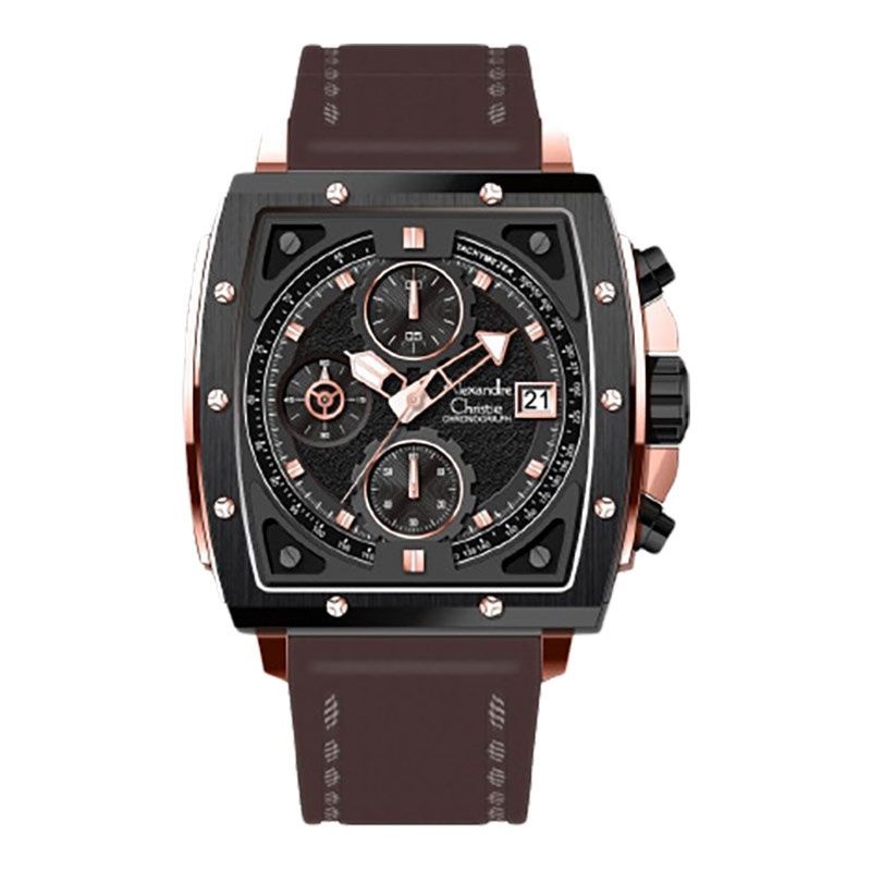 Alexandre Christie 6386 pria kotak chrono tali kulit coklat case hitam rose