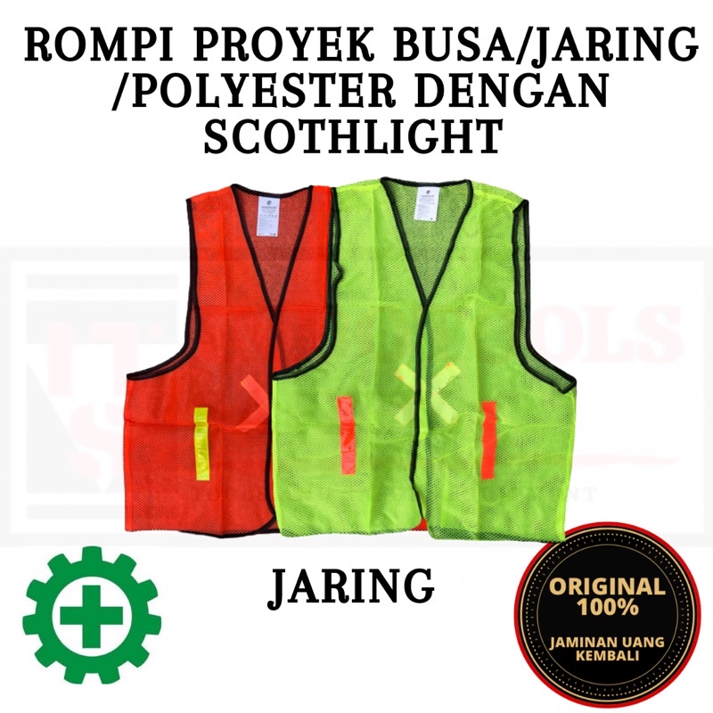 ROMPI SAFETY PROYEK V LINE KERJA ORANGE / HIJAU STABILO / BIRU / MERAHJARING / BUSA / POLYESTER 4GARIS GOSAVE GARANSI MURAH ROMPI PROYEK