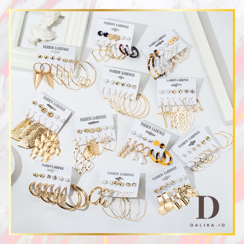 Anting Set 9 pcs/set Mutiara Hoop Drop Rumbai untuk Wanita Korea Aksesoris Earrings Dalika