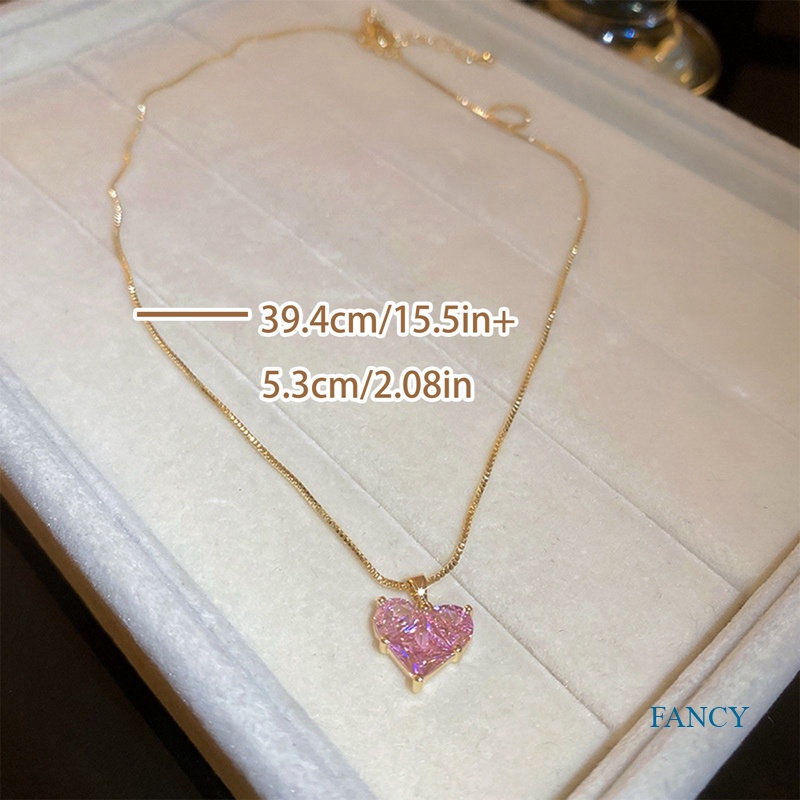 Kalung Rantai Klavikula Hias Liontin Hati Bahan Zirkon Warna Pink Gaya Vintage Korea Untuk Wanita