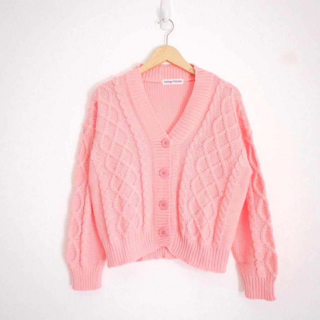 Vintage House Cross Crop Cardi (Cardigan Rajut Cable Wanita Korea / Korean Cardigan)-Light Coral