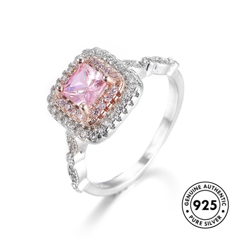 Cincin Lapis Silver 925 Dengan Berlian Imitasi Bentuk Kotak Warna Pink Untuk Wanita