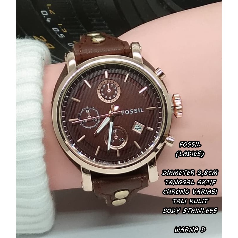 JAM TANGAN WANITA FASHION TALI KULIT TANGGAL AKTIF CHRONO VARIASI