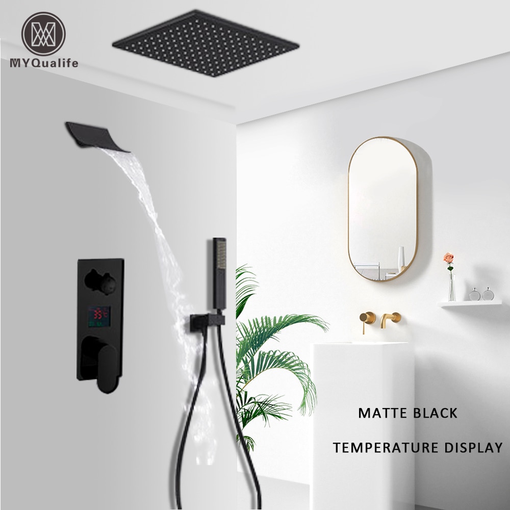 Promo Spesial Waterfall Matte Black Bathroom Shower Faucet Black Digital Shower Faucets Set Shopee Indonesia