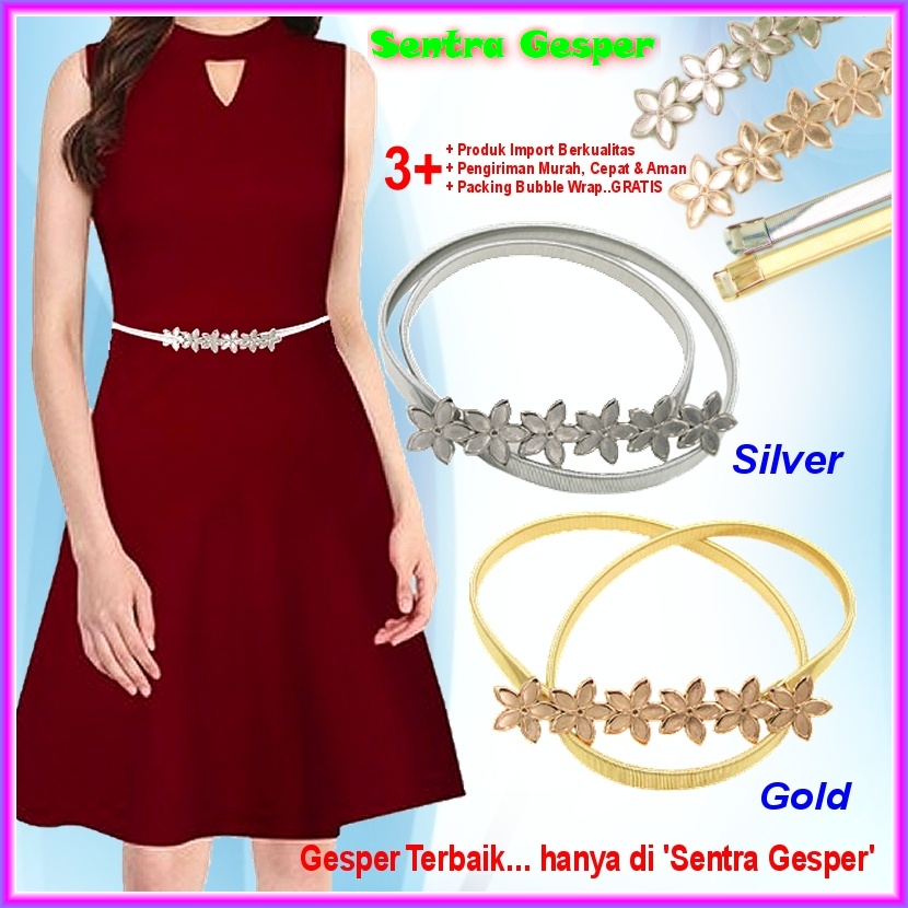 Belt Sabuk Gesper Ikat Pinggang Per Karet Wanita Women Fashion Korea Pesta Cewek Daun Elastis Bunga 