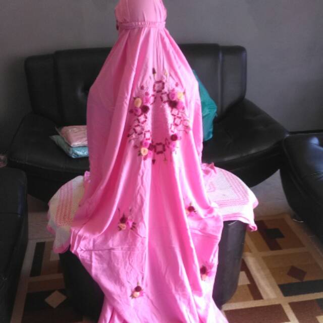 mukena terusan bordir timbul bunga tile