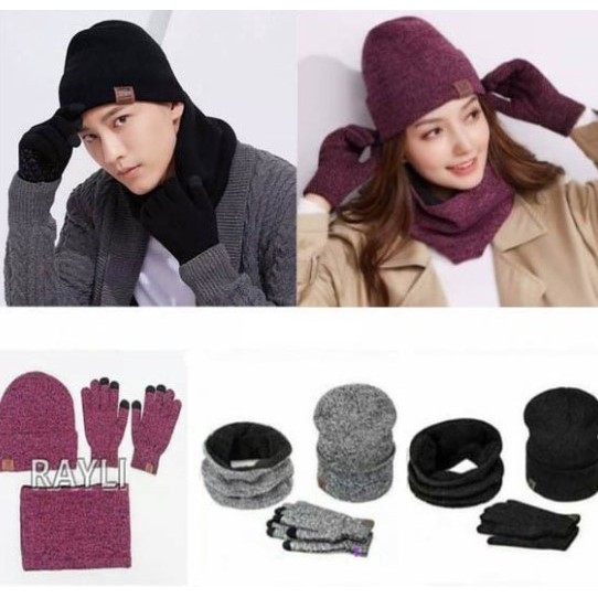 Set 3Pcs Topi Kupluk Wool Hangat+Scarf+Sarung Tangan untuk Winter Musim Dingin