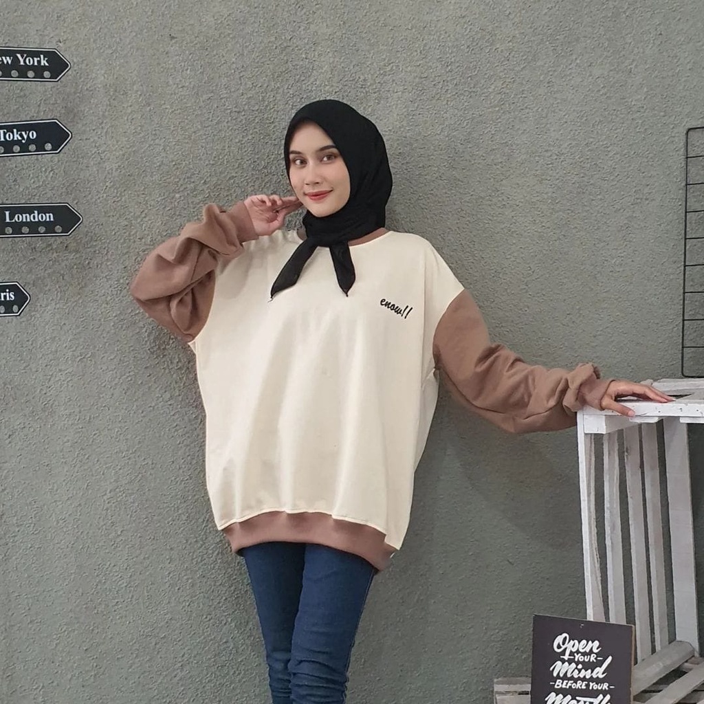 ENOW 2TONE SWEATER  WANITA CREWNECK WANITA - SWEATER HALUS PREMIUM