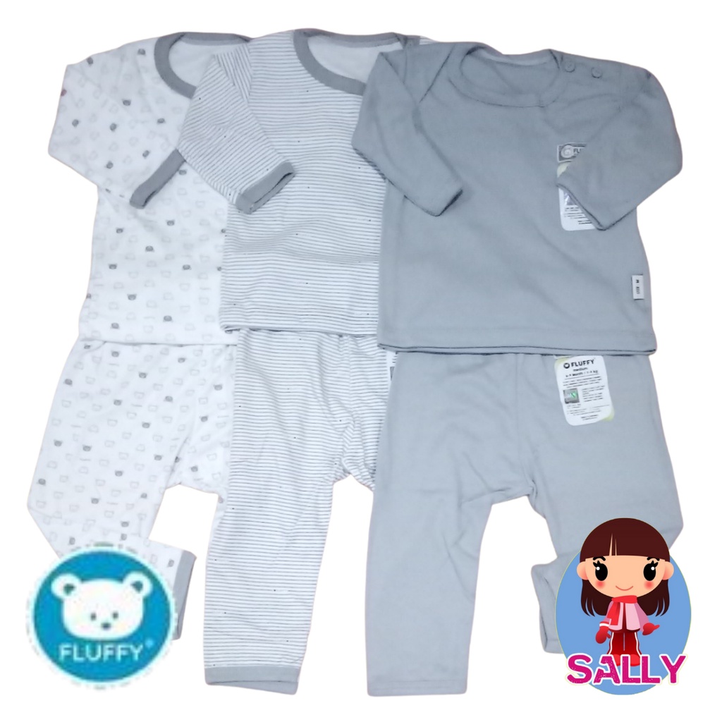 Fluffy S - 3 Setelan Baju Bayi Oblong Celana Panjang Baby 3-6 Bulan Motif Baby Laki Perempuan