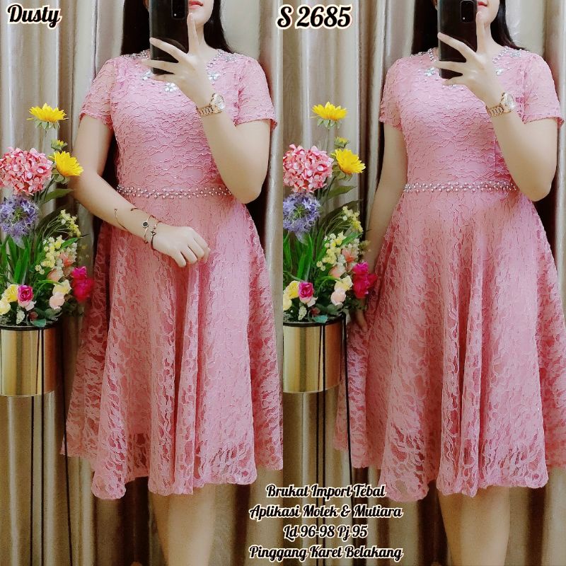 S 2685 Dress Brukat Dusty Pink Dress Pesta