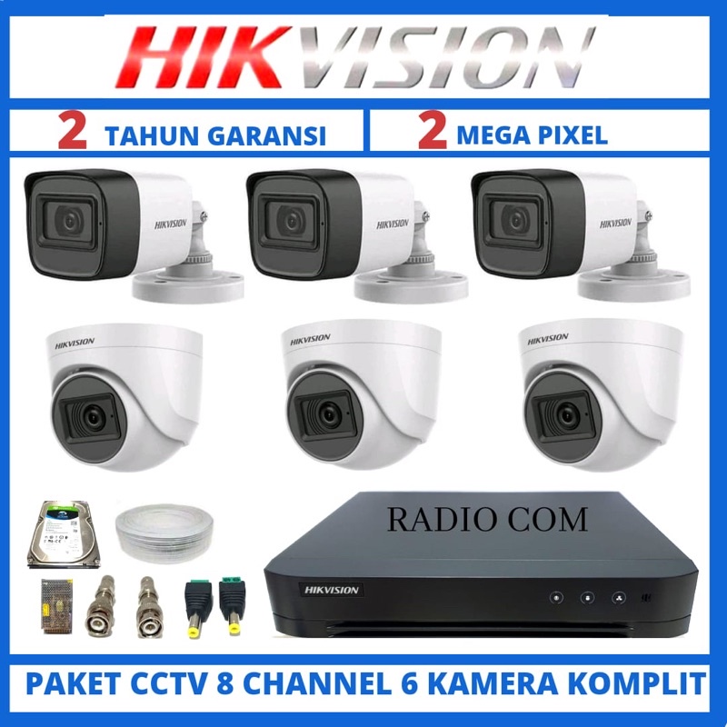 Paket cctv hikvision 8 channel 6 kamera 2mp 1080p turbo hd