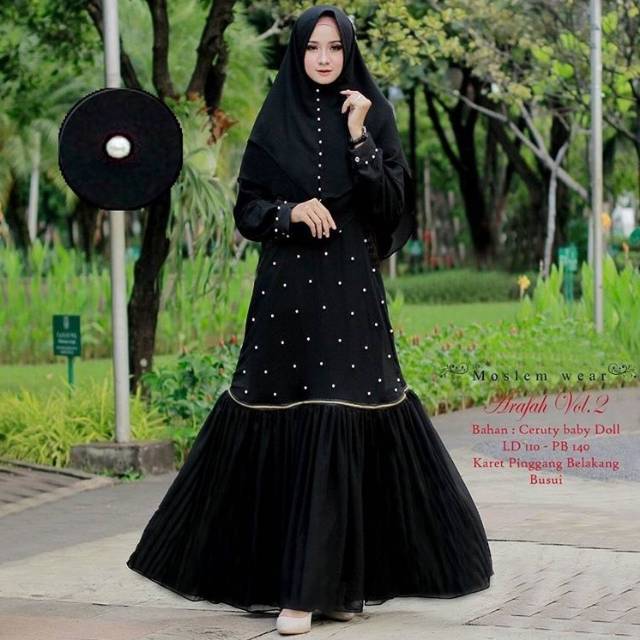 Gamis ceruty babydoll mutiara, Gamis set khimar Arafah Syar'i Black (mewah/pesta)