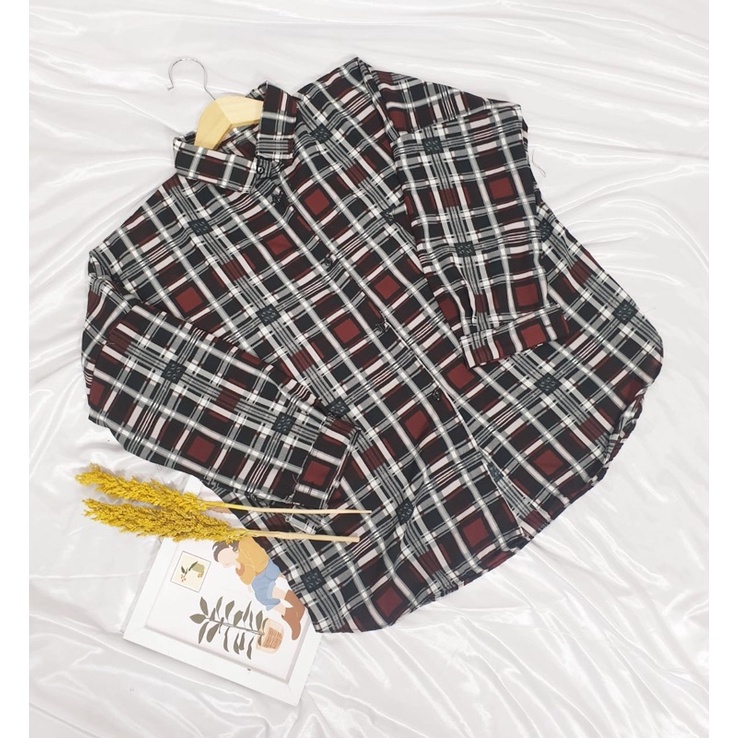 READY STOCK KEMEJA CROP TARTAN OUTER || CROP TARTAN SHIRT || OVERSIZE CROP TARTAN || KEMEJA CROP LENGAN PANJANG-KIMBERLY MAROON