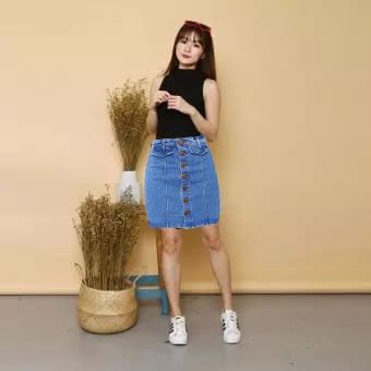 [Jeans fela skirt med RO]Rok denim wanita jeans washed biru dongker - 27
