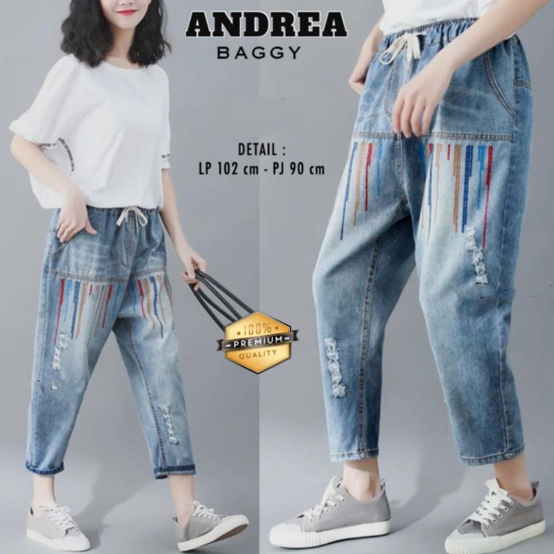 ANDREA BAGGY Jeans Rainbow Baggy Pants Celana Wanita Casual Polos Jeans Bordir Ripped Sobek Lp 110