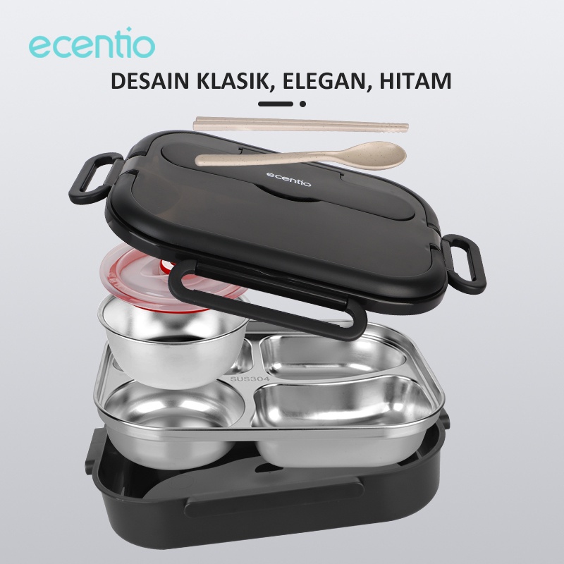 ecentio &amp; FOODI tempat makan anak sekolah 4 sekat 1L 304 Stainless steel dan Mangkuk Sup Stainless/Kotak makan set Anti Tumpah 1000ml/Free Sendok