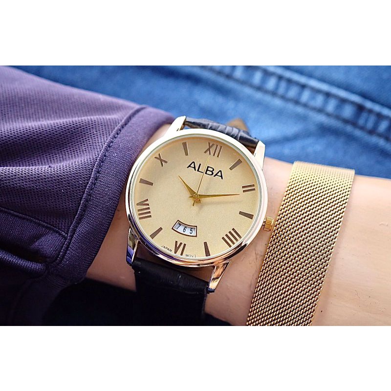 (WB)JAM TANGAN PRIA ALBA NEW COLLECTION FASHION PRIA TALI KULIT PREMIUM FREE BOX ORIGINAL + TALI RAN