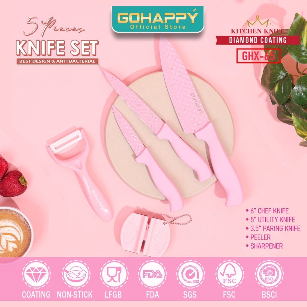 Pisau Set Diamond 5 PCS Premium GHX65 GOHAPPY (Makanan tidak menempel dipisau)