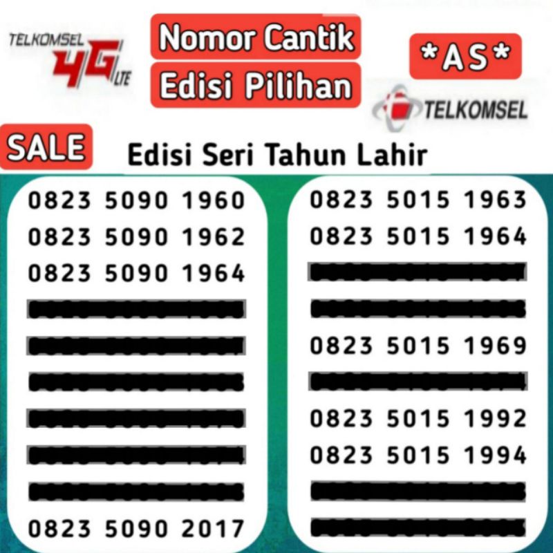 Nomor Cantik Kartu Perdana Telkomsel AS 4G LTE Edisi 0823 - 0852 (Seri Tahun Lahir)