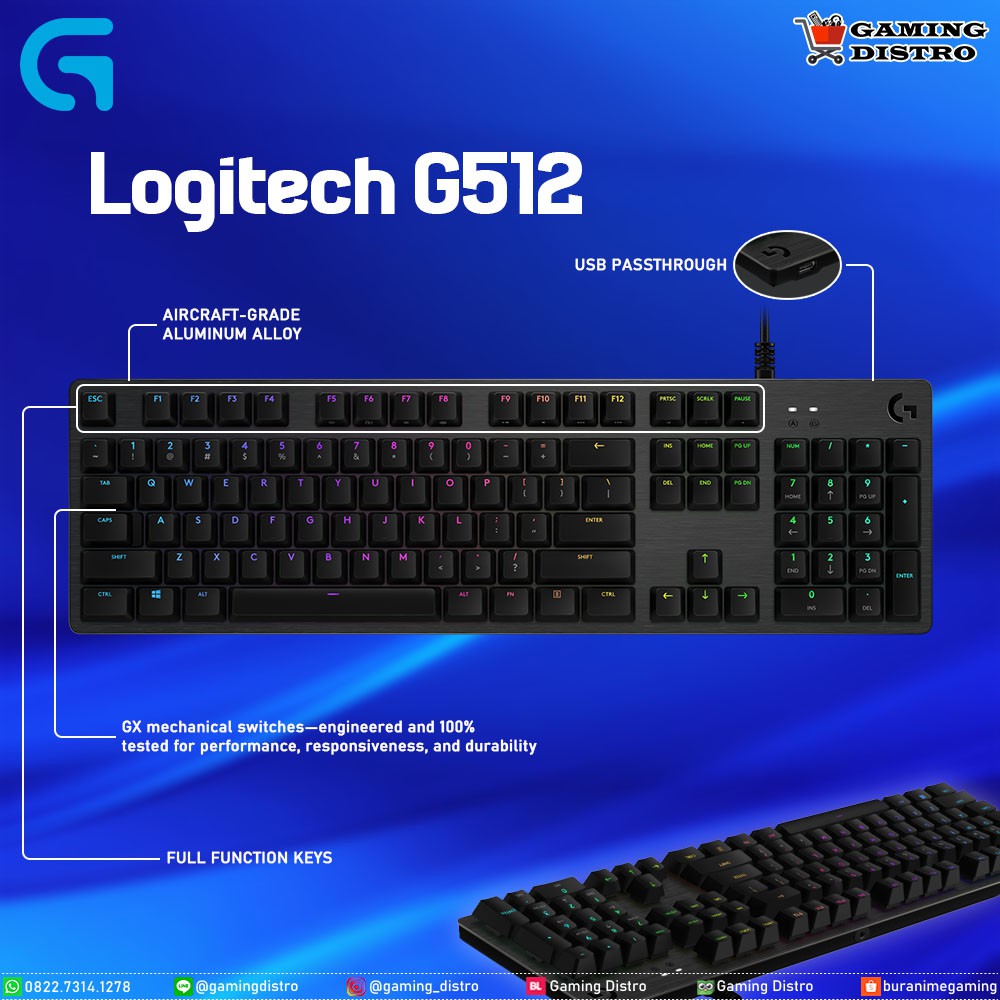 Logitech G512 Carbon LIGHTSYNC RGB Mechanical Gaming Keyboard - Full-size, 104 Kunci