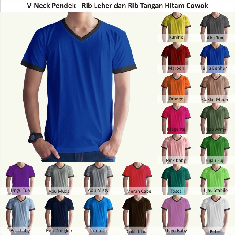 XL-XXL Tshirt Kaos Polos Vneck Pria Cowok Rib Tangan Leher Hitam Jumbo